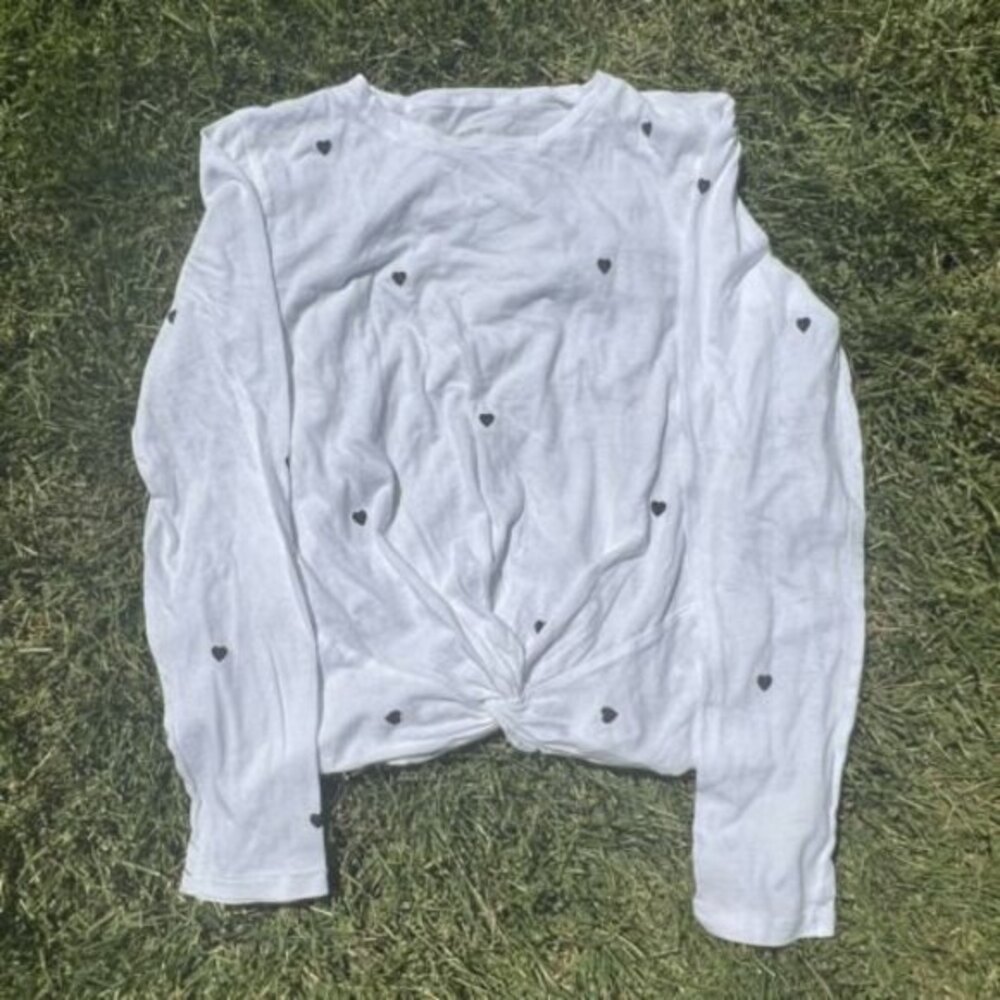 PINK‎ Victorias Secret Long Sleeve T Shirt White Black Hearts XS Front Tie